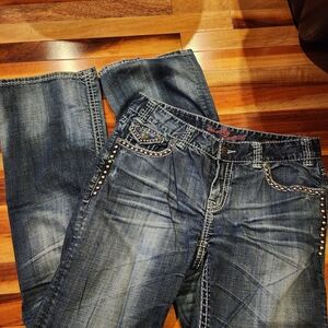 Rock & Roll Cowgirl Dark Blue Studded Boot Cut Jeans 31/34